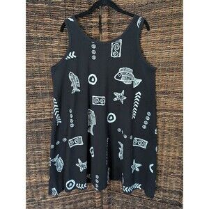 Artsy Fish Print Shift Dress Wearable Art Boho Women's XL Black Lagenlook Beach